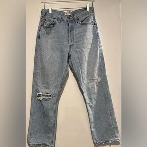 Agolde Riley High Rise Straight Leg Jeans Distressed Light Wash Button